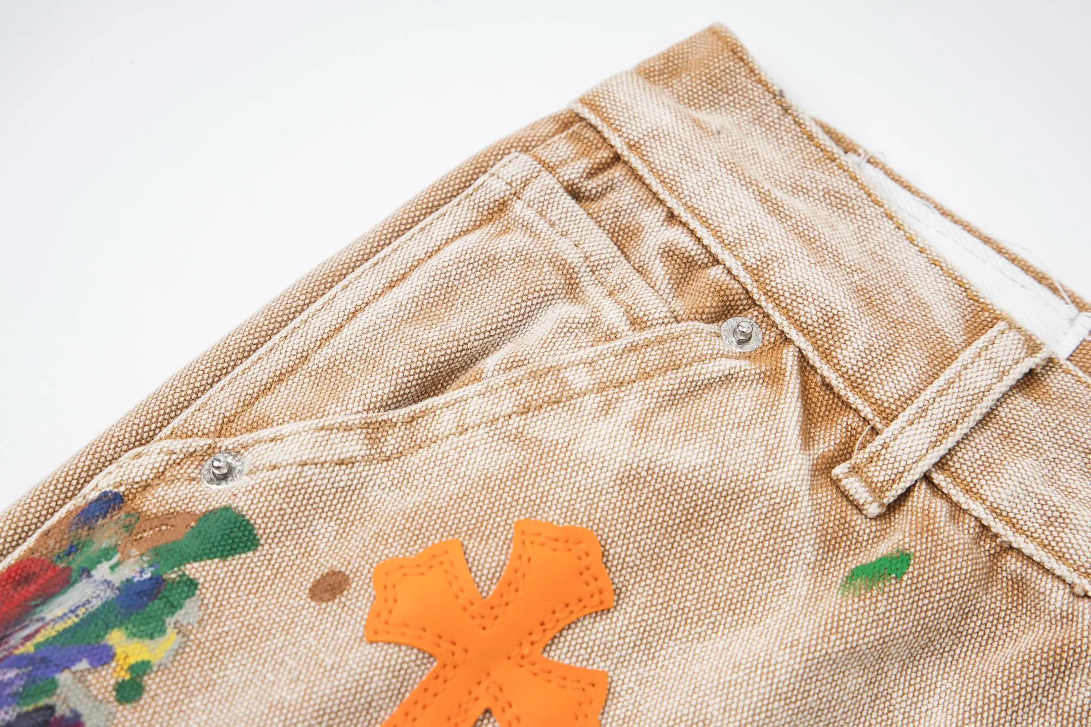 #8200 P260💰 Independent GALLERY DEPT. Vintage splash-ink splicing khaki orange cross loose washed flared jeans - truly restore the ultimate vintage texture - original hardware accessories washed and other elevators, QR code analysis are all purchased from the original factory, high degree of restoration, you are welcome to compare with certain products ~ - three-dimensional version Loose and comfortable, not picky about the figure, tall and slim, factory Seiko, original quality control, same style for men and women, can be matched with couples, versatile recommendation Essential jeans for all seasons - sizes: 28 30 32 34 36